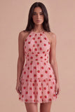 Pink Halter Strawberry A-Line Ruffled Tiered Short Cocktail Dress
