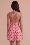 Pink Halter Strawberry A-Line Ruffled Tiered Short Cocktail Dress
