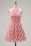 Pink Halter Strawberry A-Line Ruffled Tiered Short Cocktail Dress