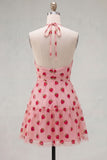 Pink Halter Strawberry A-Line Ruffled Tiered Short Cocktail Dress