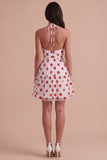 Pink Halter Strawberry A-Line Ruffled Tiered Short Cocktail Dress