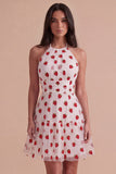 Pink Halter Strawberry A-Line Ruffled Tiered Short Cocktail Dress