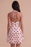 Pink Halter Strawberry A-Line Ruffled Tiered Short Cocktail Dress