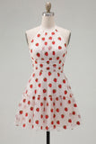 Pink Halter Strawberry A-Line Ruffled Tiered Short Cocktail Dress