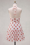 Pink Halter Strawberry A-Line Ruffled Tiered Short Cocktail Dress