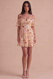 Champagne Cold Shoulder A-Line Tiered Short Cocktail Dress with 3D Flowers