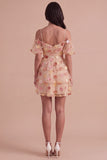 Champagne Cold Shoulder A-Line Tiered Short Cocktail Dress with 3D Flowers