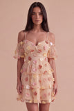 Champagne Cold Shoulder A-Line Tiered Short Cocktail Dress with 3D Flowers