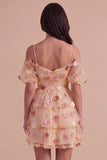 Champagne Cold Shoulder A-Line Tiered Short Cocktail Dress with 3D Flowers