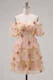 Champagne Cold Shoulder A-Line Tiered Short Cocktail Dress with 3D Flowers