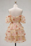 Champagne Cold Shoulder A-Line Tiered Short Cocktail Dress with 3D Flowers