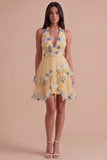 Apricot Floral Halter Tulle Ruffled Short Cocktail Dress with Ruffles