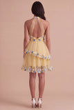 Apricot Floral Halter Tulle Ruffled Short Cocktail Dress with Ruffles