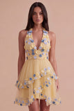 Apricot Floral Halter Tulle Ruffled Short Cocktail Dress with Ruffles