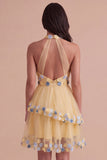 Apricot Floral Halter Tulle Ruffled Short Cocktail Dress with Ruffles
