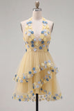 Apricot Floral Halter Tulle Ruffled Short Cocktail Dress with Ruffles