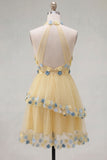 Apricot Floral Halter Tulle Ruffled Short Cocktail Dress with Ruffles