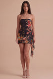 Black Red Floral Strapless Bodycon Short Cocktail Dress with Sash