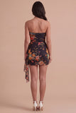 Black Red Floral Strapless Bodycon Short Cocktail Dress with Sash