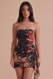 Black Red Floral Strapless Bodycon Short Cocktail Dress with Sash