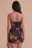 Black Red Floral Strapless Bodycon Short Cocktail Dress with Sash