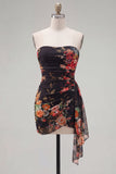 Black Red Floral Strapless Bodycon Short Cocktail Dress with Sash