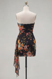 Black Red Floral Strapless Bodycon Short Cocktail Dress with Sash