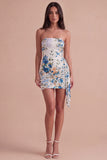 Black Red Floral Strapless Bodycon Short Cocktail Dress with Sash