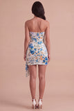 Black Red Floral Strapless Bodycon Short Cocktail Dress with Sash