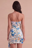 Black Red Floral Strapless Bodycon Short Cocktail Dress with Sash