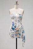 Black Red Floral Strapless Bodycon Short Cocktail Dress with Sash