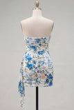 Black Red Floral Strapless Bodycon Short Cocktail Dress with Sash