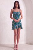 Dark Green Floral Jacquard Spaghetti Straps Short Cocktail Dress with Ruffles