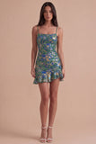 Dark Green Floral Jacquard Spaghetti Straps Short Cocktail Dress with Ruffles