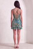 Dark Green Floral Jacquard Spaghetti Straps Short Cocktail Dress with Ruffles