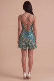 Dark Green Floral Jacquard Spaghetti Straps Short Cocktail Dress with Ruffles