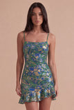 Dark Green Floral Jacquard Spaghetti Straps Short Cocktail Dress with Ruffles