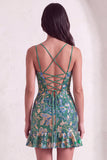 Dark Green Floral Jacquard Spaghetti Straps Short Cocktail Dress with Ruffles