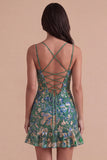 Dark Green Floral Jacquard Spaghetti Straps Short Cocktail Dress with Ruffles