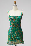 Dark Green Floral Jacquard Spaghetti Straps Short Cocktail Dress with Ruffles