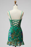 Dark Green Floral Jacquard Spaghetti Straps Short Cocktail Dress with Ruffles