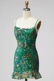 Dark Green Floral Jacquard Spaghetti Straps Short Cocktail Dress with Ruffles