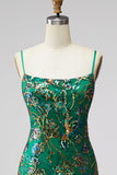 Dark Green Floral Jacquard Spaghetti Straps Short Cocktail Dress with Ruffles
