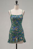 Dark Green Floral Jacquard Spaghetti Straps Short Cocktail Dress with Ruffles