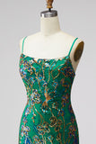 Dark Green Floral Jacquard Spaghetti Straps Short Cocktail Dress with Ruffles