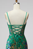 Dark Green Floral Jacquard Spaghetti Straps Short Cocktail Dress with Ruffles