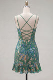 Dark Green Floral Jacquard Spaghetti Straps Short Cocktail Dress with Ruffles