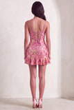 Dark Green Floral Jacquard Spaghetti Straps Short Cocktail Dress with Ruffles