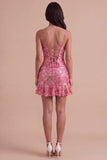 Dark Green Floral Jacquard Spaghetti Straps Short Cocktail Dress with Ruffles
