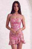 Dark Green Floral Jacquard Spaghetti Straps Short Cocktail Dress with Ruffles